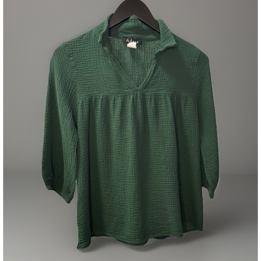 Adara Women's Dark Green Crinkle Gauze Babydoll Tunic Blouse Top Size M